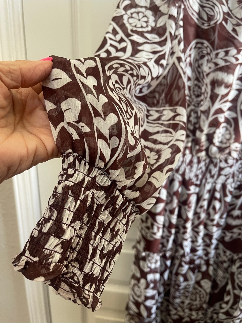 MSK Brown & White Floral Paisley Maxi Dress with Tie Neck &Elastic waist band. - Picture 3 of 12